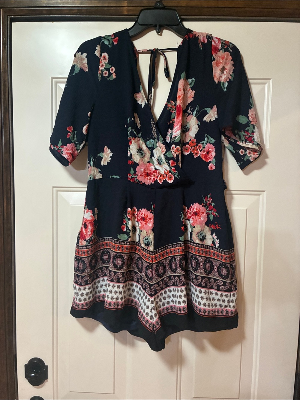 Large Three Pink Hearts brand Navy and Pink Floral Boho Romper Shorts